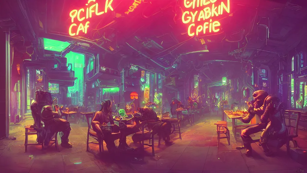 Prompt: a cyberpunk goblin cafe, god rays, goblins, vibrant neon lighting, trending on artstation, 4k, award-winning cyberpunk art, beautiful futuristic goblinpunk atmosphere, masterpiece