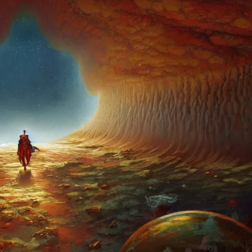 Prompt: A fresco painting of a nomadic wanderer traversing a corrupted futuristic crystal desert by Jacek Yurka, Kelly Freas, Filip Hodas, Paul Lehr, Dan Mumford, Max Ernst