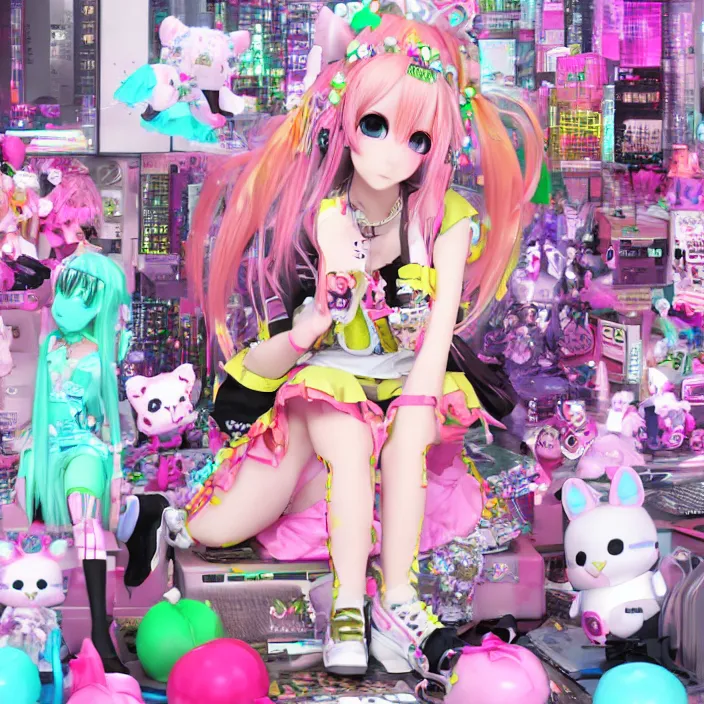 Image similar to 3 d anime render of a decora gyaru kawaii cybergoth emo fashion model vtuber, in a cyberpunk blade runner maximalist city of my melody sanrio plushies, artstation cgsociety