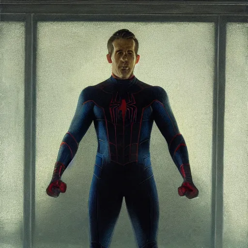 Image similar to ryan reynolds as spider - man, wearing a black and blue suit, cinematic, volumetric lighting, f 8 aperture, cinematic eastman 5 3 8 4 film, photorealistic by greg rutkowski, by stanley artgerm, by alphonse mucha