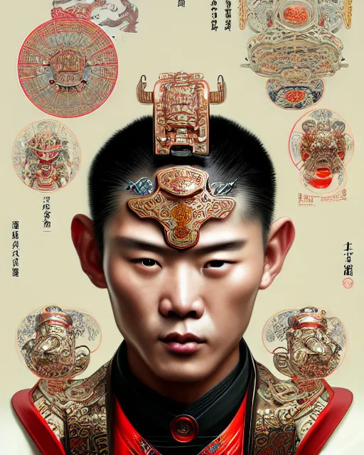 Image similar to portrait of a chinese masculine male cyberpunk machine, machine face, upper half portrait, decorated with chinese opera motifs, muscular, asian, fine china, wuxia, traditional chinese art intricate intense elegant 京 剧 highly detailed symmetry headpiece digital painting artstation concept art smooth sharp focus illustration, art by artgerm and greg rutkowski alphonse mucha 8 k