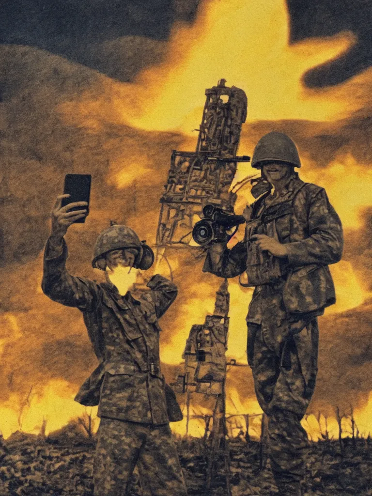 Prompt: a smiling soldier taking a selfie in front of huge explosion fire, war scenery, surrealism aesthetic, analog, grain