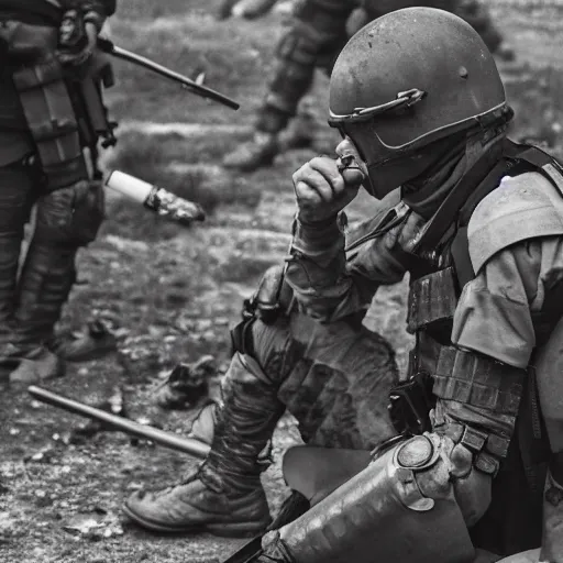 Image similar to British mercenaries wearing grey body armor smoking cigarettes in the aftermath of a bloody battle, photo by Adam Ferguson, Pulitzer Winning, cinematic composition, breathtaking, modern, 2022