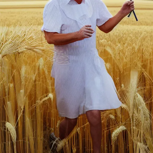 Prompt: a magazine photo of Donald Trump wearing a sundress and straw hat, walking through a field of wheat” three quarter portrait