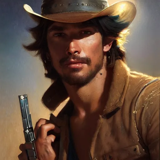 Image similar to handsome portrait of young mccree posing with glistening muscles, war hero, toned, radiant light, caustics, by gaston bussiere, bayard wu, greg rutkowski, giger, maxim verehin, alex grey