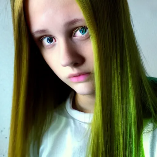 Image similar to brunette with dyed blonde hair, 15 years old, 155 cm tall, long flat hair, blonde, green big eyes, small nose, small mouth, round shaped face, big forehead, lop eared, full body shot, thin eyebrows, real life photograph