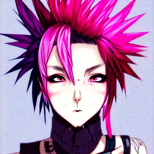 Prompt: full headshot portrait of anime woman with pink mohawk punk, digital art, drawn by WLOP, by Avetetsuya Studios, anime manga panel, trending on artstation, wearing a plaid shirt