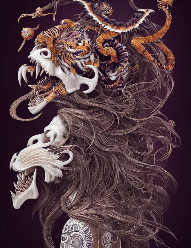 Image similar to 3 d goddess tiger skull half - turn portrait with long hair with ram skull. beautiful intricately detailed japanese crow kitsune mask and clasical japanese kimono. betta fish, jellyfish phoenix, bio luminescent, plasma, ice, water, wind, creature, artwork by tooth wu and wlop and beeple and greg rutkowski