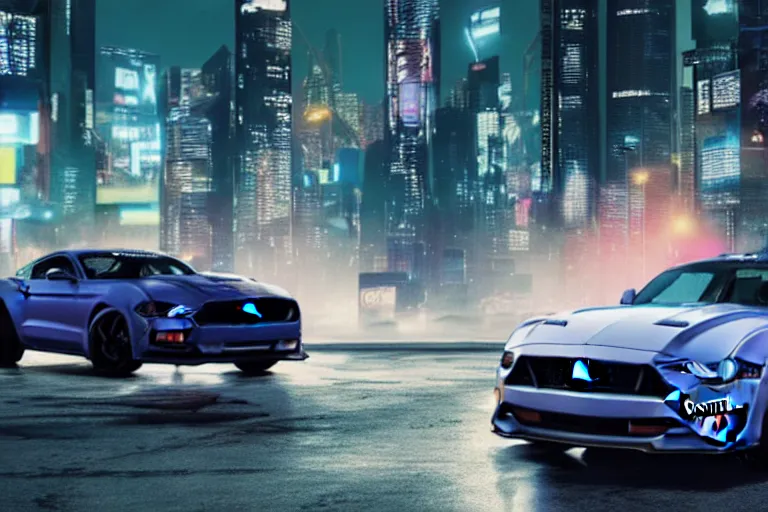 Image similar to ford mustang in cyberpunk city