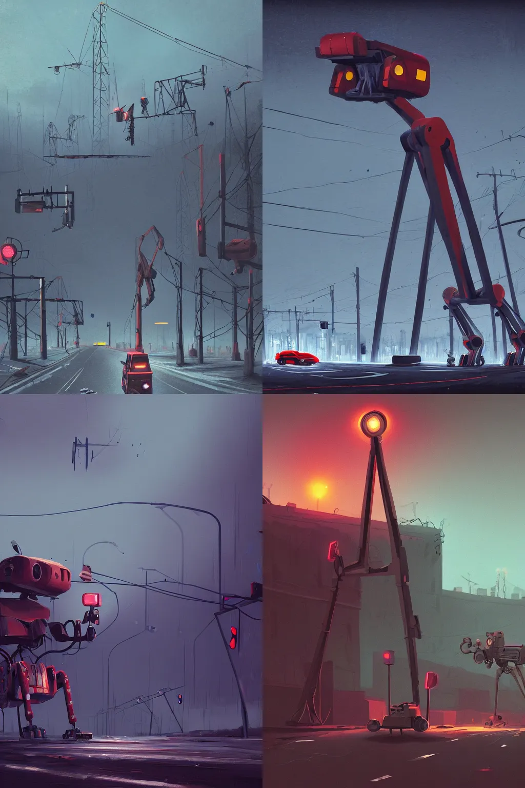 Prompt: a very detailed digital painting of a giant tripod robot at the end of a road with abandoned cars, by Simon Stålenhag, cold color palette, moody, 4k, high quality, artstation