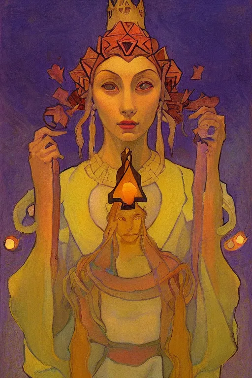 Image similar to lizard queen with her crown and lantern, by Nicholas Roerich and Annie Swynnerton, dramatic cinematic lighting , ornate headdress , flowing robes, sacred artifacts, lost civilizations, smooth, sharp focus, extremely detailed