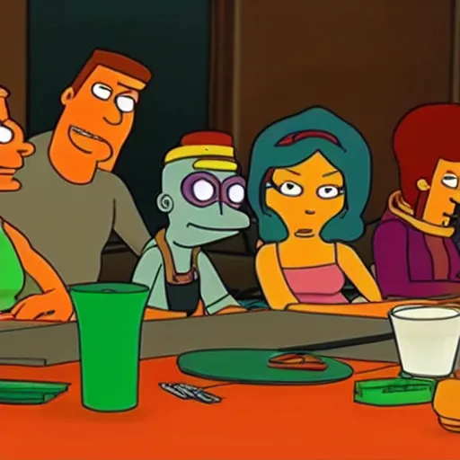 Prompt: the futurama crew sitting at a table, style of a clay animation.