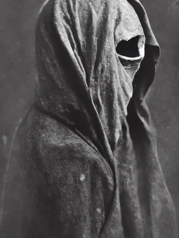 Image similar to portrait of faceless grim reaper with covered facr, ww1 photo, grainy, high detail, high resolution,