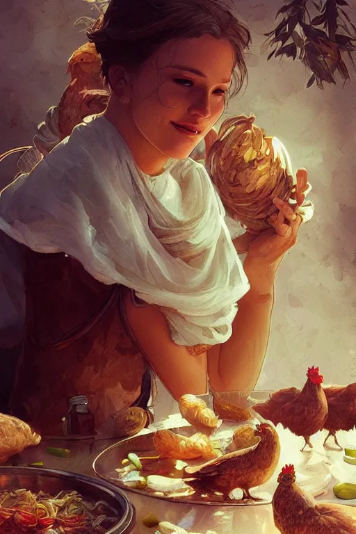 Prompt: beautiful, highly detailed, digoman cooking dinner with her pet chickens digital painting, artstation, concept art, smooth, sharp focus, illustration, art by artgerm and greg rutkowski and alphonse mucha