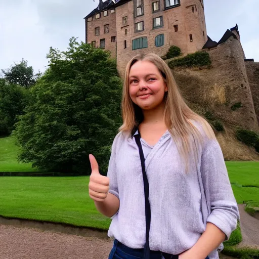 Prompt: casual photograph of a woman giving a thumbs up in front of the castle of marburg hesse, with the poise and appearance and clothing of the ( ( ( ( ( ( ( ( mona lisa ) ) ) ) ) ) ) ), taken in 2 0 1 9 with a digital camera, full color, head shot