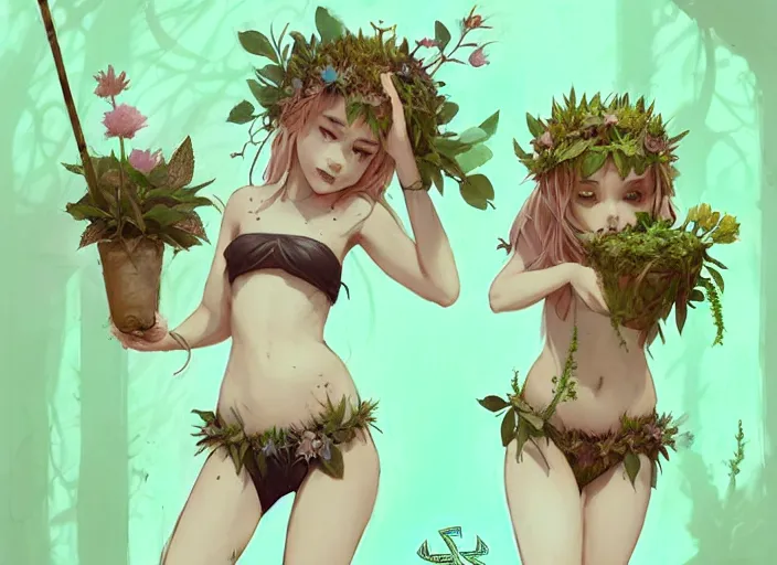 Image similar to two cute fairy girls with crown of flowers in plants bikini covered with celtic rune tattoos, fantasy, by atey ghailan, by greg rutkowski, by greg tocchini, by james gilleard, by joe gb fenton, by in kaethe butcher, dynamic lighting, gradient light green, brown, blonde cream and white color in scheme, grunge aesthetic