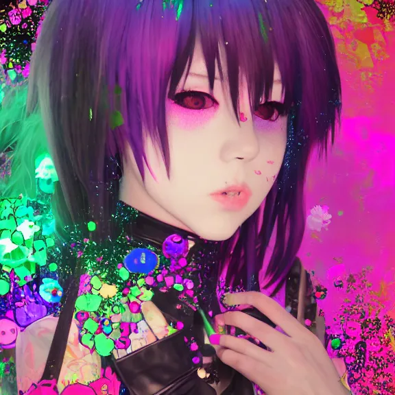 Image similar to photo of a emo manic pixie dream girl, 8k, portrait | sanrio glitchcore yokai girl, shadowverse character concept, found footage horror, glitter gif | d anime decora gyaru kawaii fashion model, v tuber, darling in the frank,asuka, anime best girl, with glitch and scribble effects, psychedelic colors, 3d render octane, by wlop, wenjr, beeple, artstation,imaginefx