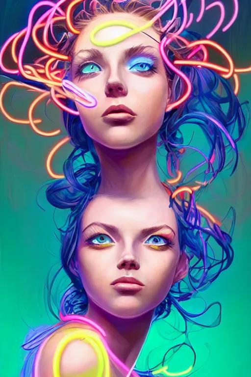 Prompt: a award winning portrait of a beautiful woman with stunning eyes in a one off shoulder croptop and cargo pants with rainbow colored hair, outlined by whirling illuminated neon lines and fine lines swirling in circles by jesper ejsing and rhads and makoto and shinkai and lois van baarle, digital art, trending on artstation