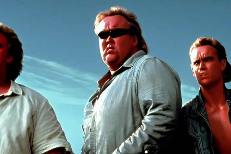 Prompt: VFX movie where John Candy plays the Terminator by James Cameron