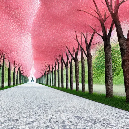 Prompt: road through a cherry tree forest, pellets falling down with the wind, pinkshift render, advanced digital painting, 4k