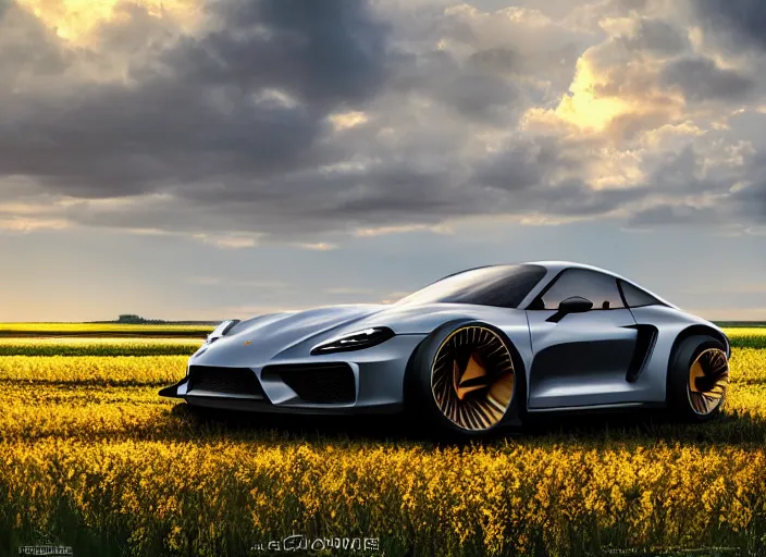 Image similar to cinematic fast sportscar that has front of porsche and back of lada in a lush field, shiny, oil on canvas, beautiful lighting, photorealistic, sharp, sunset, by scott robertson