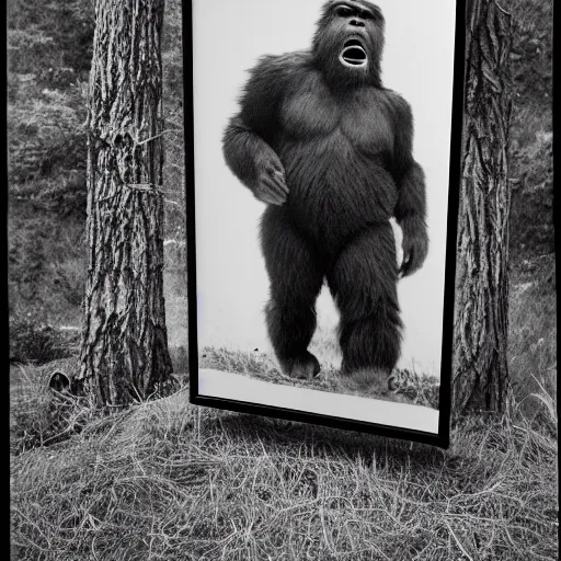 Prompt: very old analog portrait of bigfoot!!, black and white photography, in a frame, on a table, high definition