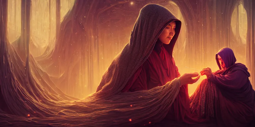 Prompt: old hooded woman weaving the strings of the multiverse, epic scene, dramatic, multiverse, highly detailed, high quality, 8 k, 4 k, octane render, digital painting, alena aenami, lilia alvarado, shinji aramaki, karol bak, alphonse mucha, tom bagshaw