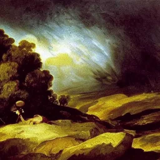 Prompt: incredible oil painting by goya, american romanticism, depicting nature landscape