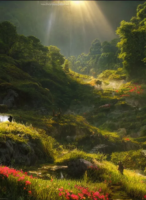 Prompt: the silhouette of a flying fairy in the distance of a lord of the rings scenery landscape, a vast lush valley flowers and wooden structures, stream, sunrise, god's rays highly detailed, vivid color, cinematic lighting, perfect composition, 8 k, gustave dore, derek zabrocki, greg rutkowski, belsinski, octane render