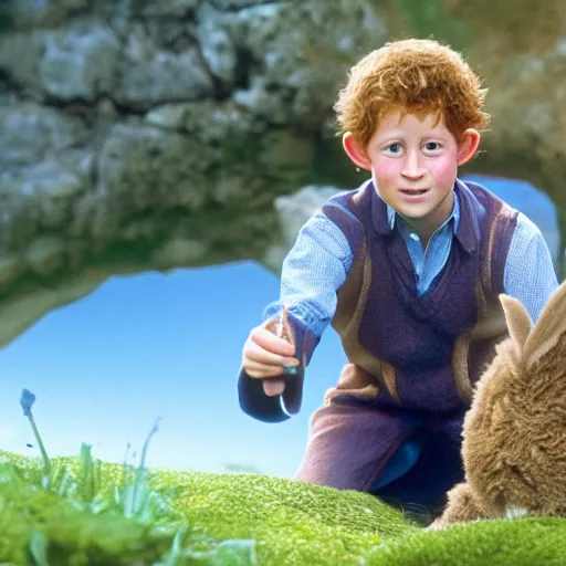 Image similar to Prince Harry as Bartook a teen hobbit with short curly dark brown hair wearing a blue vest with a white sash standing next to a giant rabbit, high resolution film still, movie by Peter Jackson