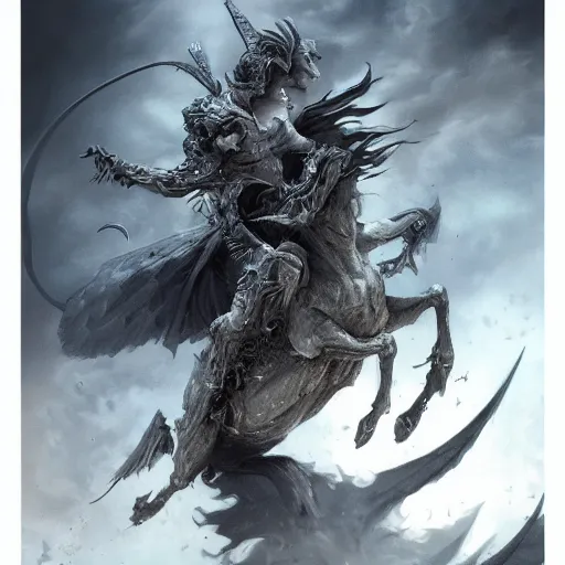 Image similar to concept art by artgerm, death of the four horsemen of the apocalypse, soft grey and blue natural light, intricate, queen of death riding, highly detailed dark art, digital painting, artstation, concept art, smooth, sharp focus, illustration, art by greg rutkowski and luis rollo and uang guangjian and gil elvgren, symmetry!