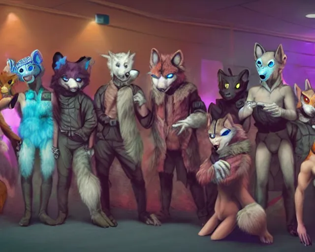 Image similar to high - resolution photograph from a nanopunk era furry fandom convention ( midwest furfest 2 0 4 7 ), taking place after the genetic revolution and singularity. photorealistic.