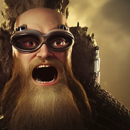 Prompt: highly detailed octane render of a close up portrait of an ugly man with a giant beard wearing goggles and armour and screaming in a cave whilst being chased by giant insects