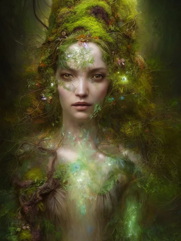 Image similar to Full View Portrait Mystical ethereal Forest deity wearing beautiful dress, vines tree bark moss Dryad made of forest beautiful dress, 4k digital masterpiece by Craig Mullins and Ruan Jia and Tom bagshaw, Alberto Seveso, fantasycore, Hyperdetailed, realistic oil on linen, soft lighting, kush background, featured on Artstation, textured, stylized, intricate details