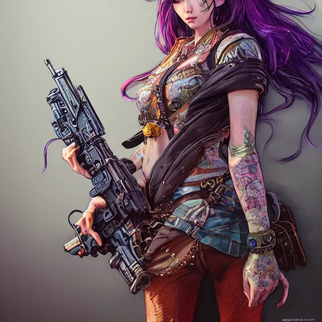 Prompt: the portrait of chaotic neutral colorful female gunner assassin as absurdly beautiful, gorgeous, elegant, sensual, young gravure idol, an ultrafine hyperdetailed illustration by kim jung gi, irakli nadar, intricate linework, bright colors, octopath traveler, final fantasy, unreal engine 5 highly rendered, global illumination, radiant light, detailed and intricate environment