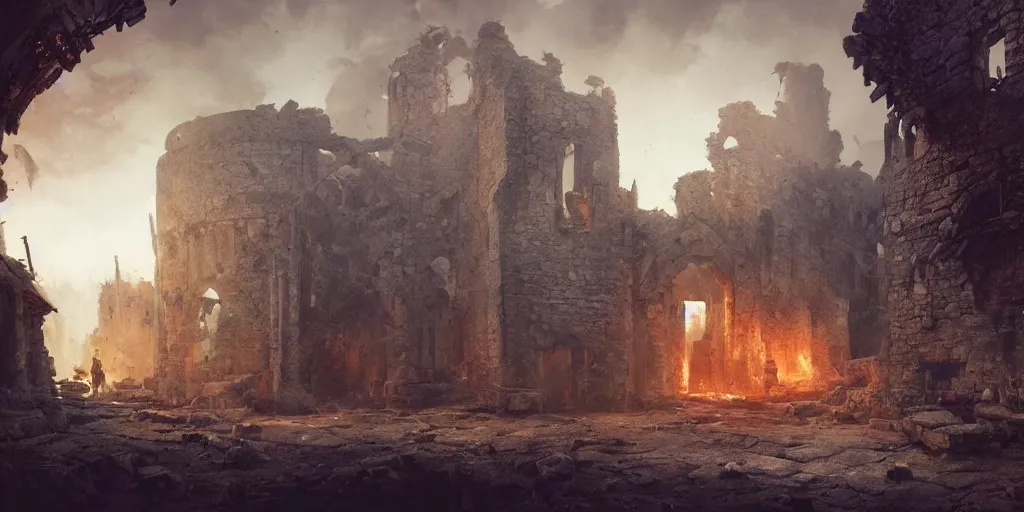 Image similar to concept art of the ruins of a medieval village, medieval, dark concept art, blood, dust, fire, painting by wlop, nixeu and greg rutkowski, beautiful, semirealism, artstation, octane render, sharpness, 8 k, golden ratio