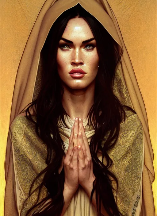 Image similar to portrait of megan fox as a nun, catholic, church, bible, christian, intricate, headshot, highly detailed, digital painting, artstation, concept art, sharp focus, cinematic lighting, illustration, art by artgerm and greg rutkowski, alphonse mucha, cgsociety