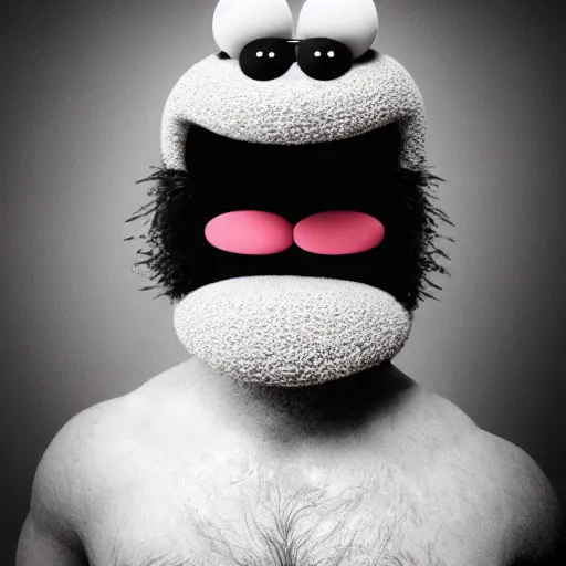 Image similar to a still of a forgotten muppet character looking very manly and modern, hilarious, laughing, hairy chest, huge chin, manly monster tough guy, roughled fur, photo real, photographic, photograph, artstation, trending, featured