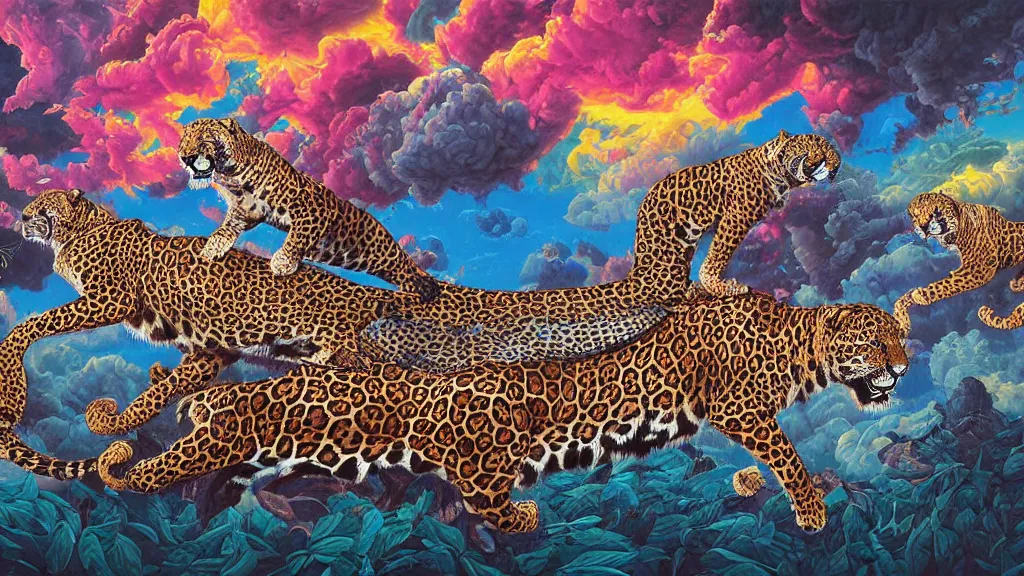 Image similar to highly detailed painting of a dream involving jaguars in colorful clouds in the middle of the night by oliver vernon artist, joseph moncada, damon soule, manabu ikeda, kilian eng, moebius, nico delort, kyle hotz, dan mumford, otomo, 4 k resolution