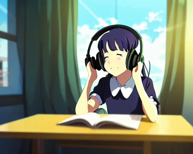 Prompt: anime fine details portrait of joyful school girl in headphones studying near monitor in her room at the table, evening, lamp, lo-fi, open window, dark city landscape on the background deep bokeh, profile close-up view, anime masterpiece by Studio Ghibli. 8k, sharp high quality anime