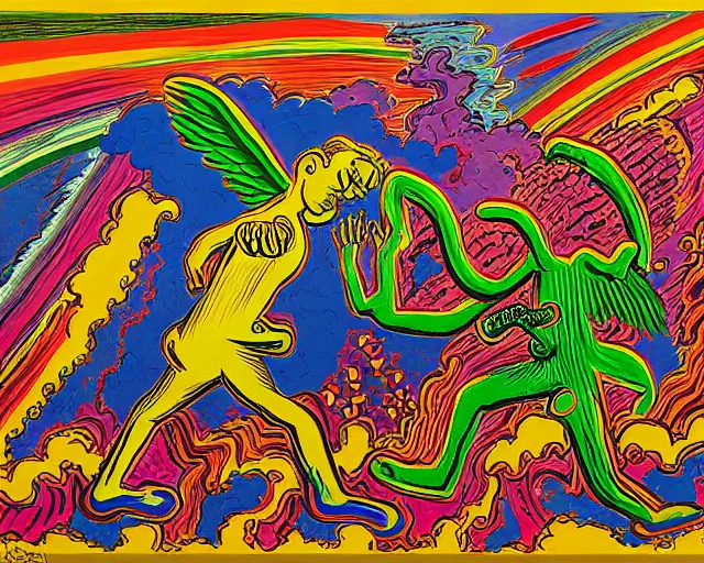 Prompt: two angels fighting each other painted by Peter Saul, Robert Crumb, Philip Guston, Joakim Ojanen, outsider art, very coherent symmetrical, 8k, extreme detail, intricate detail, masterpiece