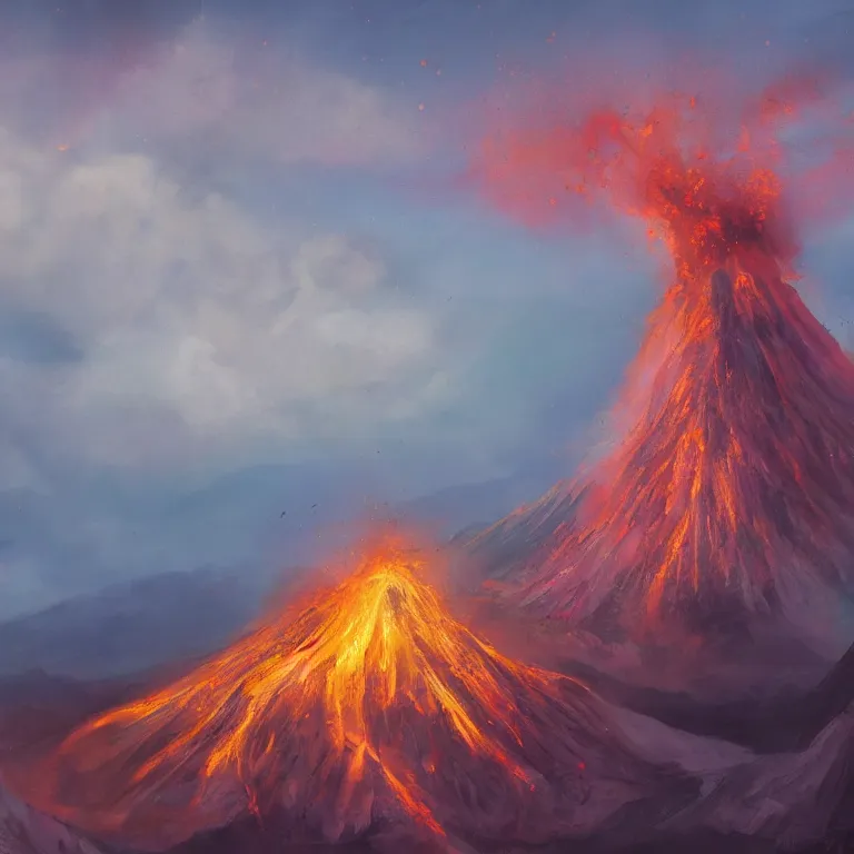 Image similar to a painting of a volcano from which come out flowers and stars exotic plants, all this happens in some kind of fantasy world, almost like in the sky or all in the amazing outdoors view, long exposure, 8 k resolution, trending on artstation