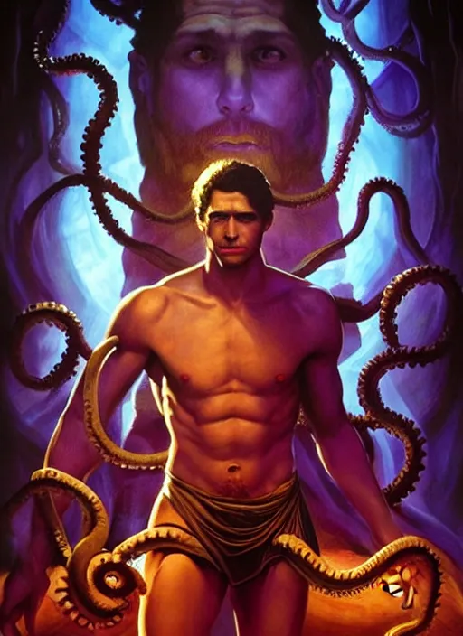Prompt: movie poster with a young strong ancient greek man with lovecraftian tentacles made of purple glowing energy in the background, dungeons and dragons artwork, award winning art, cinematic light, dynamic composition, highly detailed, dramatic lighting, digital painting, concept art, masterpiece, realistic anatomy, by leonardo da vinci, raphael, artgerm, greg rutkowski, vibrant colors
