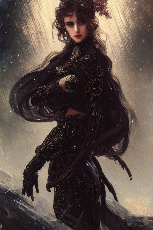 Prompt: portrait knights of Zodiac girl+smoky eyes, black fire color reflected armor, in ruined Agora of Athens rainy night, ssci-fi and fantasy, intricate and very very beautiful and elegant, highly detailed, digital painting, artstation, concept art, smooth and sharp focus, illustration, art by tian zi and WLOP and alphonse mucha