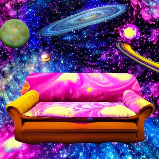 Image similar to psychedellic trippy couch in space, planets, milky way, sofa, cartoon