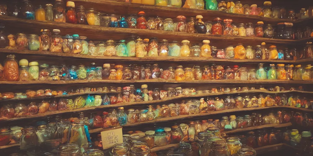 Prompt: Inside an old fashioned sweet shop, large jars on shelves with beautiful labels, fantasy vendor interior, wide angle, cinematic, highly detailed, photorealistic, rich bright colors, atmospheric, trending on artstation