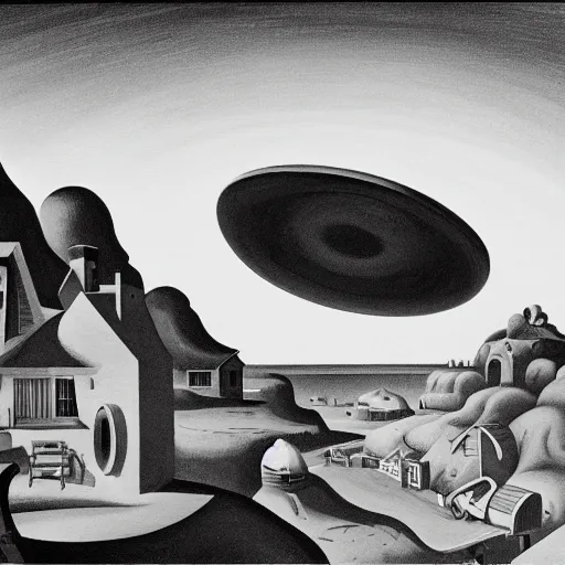 Image similar to painting of mysterious alien saucer hovering over seaside village, 1939, by Thomas Hart Benton