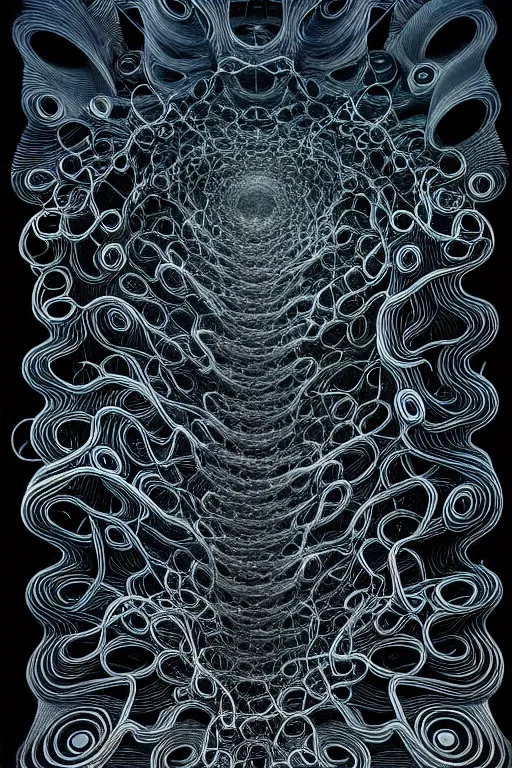 Prompt: Freeform ferrofluids, beautiful dark chaos, swirling black frequency by James Jean