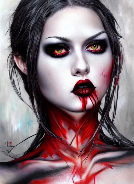 Prompt: cosplay goth female, fishnet, worksafe, light gray eyes, red lips, black hair, body fully covered with tattoos, fishnet clothes, beautiful detailed face, paint by artgerm and magali villeneuve, rich deep colors. wlop painting, part by tian zi and gerhard richter. art by magali villeneuve. masterpiece