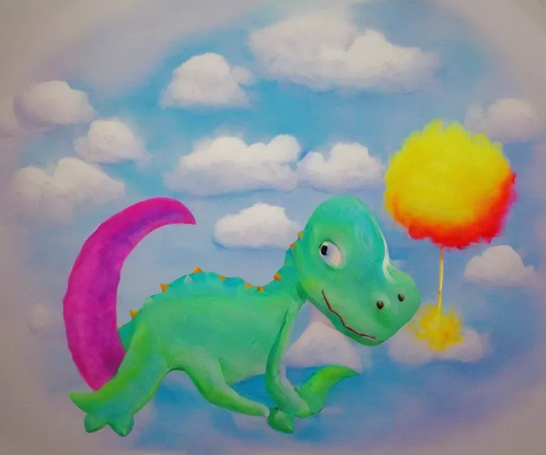 Image similar to a cute little dinosaur, water painting, cotton candy, fluffy clouds